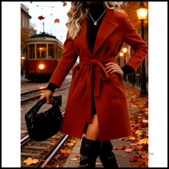 Winter Wool Pea Coat Double Breasted Belted Long Jacket - Picture 2 of 7